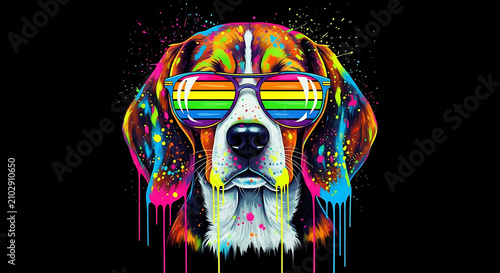 Colorful pop art portrait of a dog wearing rainbow sunglasses with paint drips on a black background, sunglasses