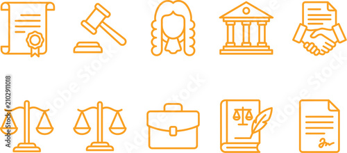 Fotografía Comprehensive law and justice icon set with certificate document building handsh