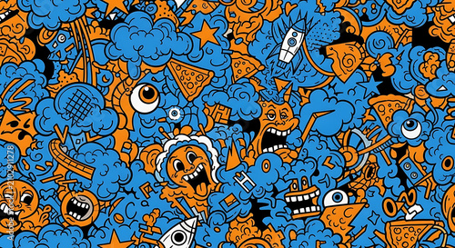 Abstract hand drawn doodle pattern with quirky faces and food icons in blue and orange colors abstract background