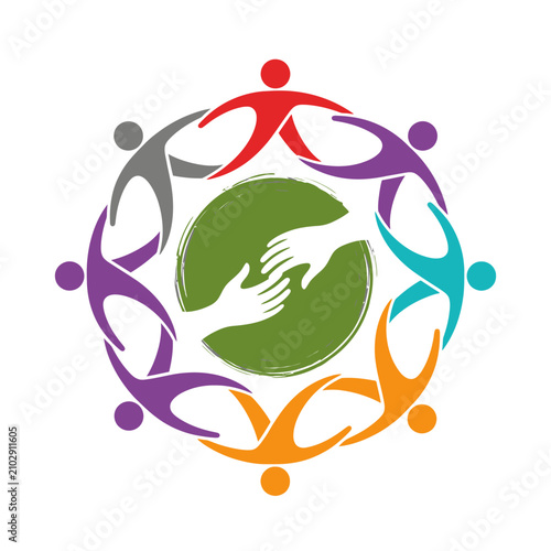 Colorful people silhouettes surrounding green earth globe hands