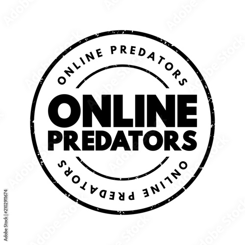 ONLINE PREDATORS circular rubber stamp icon featuring the warning text repeated around the edges. A conceptual graphic used for internet safety awareness, digital security, and child protection campai
