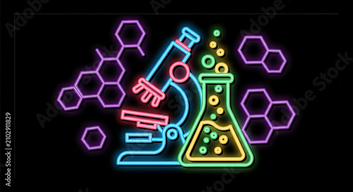 Neon science concept with microscope and laboratory flask microscope laboratory chemistry molecules research