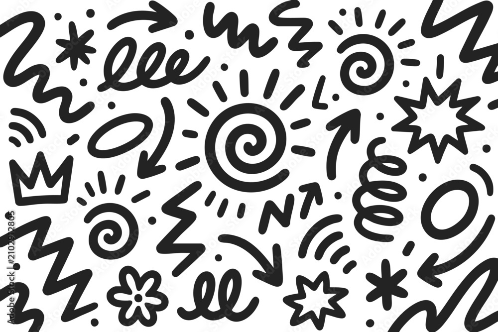 Fototapeta premium Creative abstract doodle icons set with swirls and stars