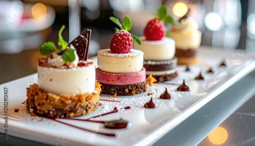 Assorted mini gourmet cakes with fruit toppings.
