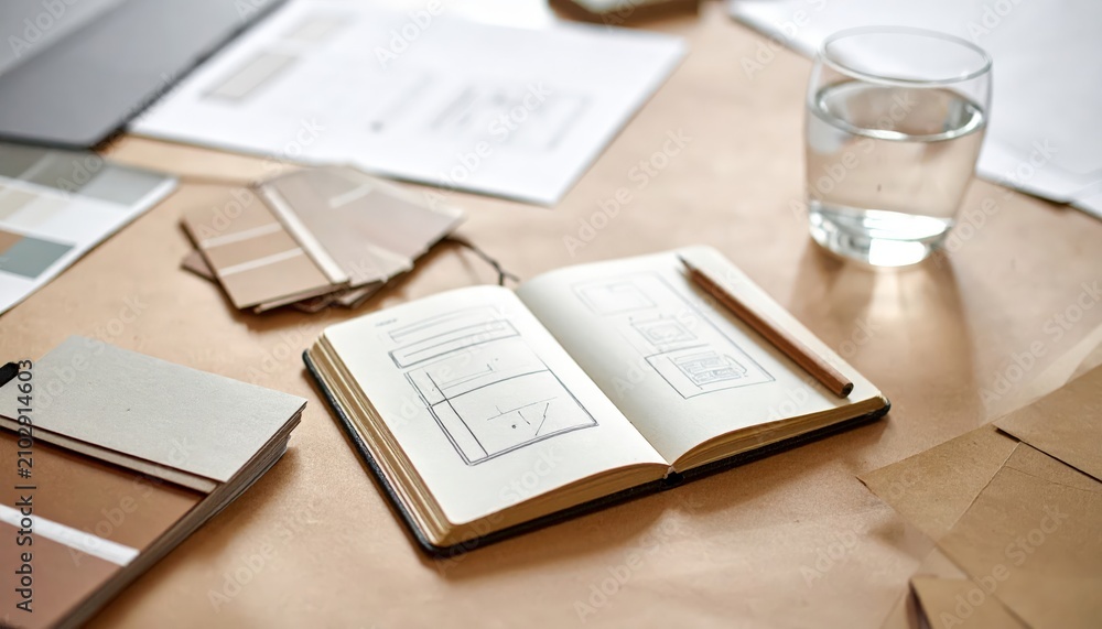 Obraz premium Clean Creative Designer Desk setup featuring an Open Agenda Notebook Architecture Blueprint Map and Glasses on Wood