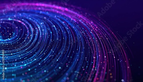 Abstract swirling neon light trails in purple and blue.