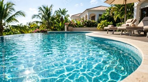 Luxurious Infinity Pool with Palm Trees and Tropical Villa.