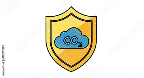 Yellow shield icon protecting a blue cloud representing carbon dioxide emission reduction with protection, emissions