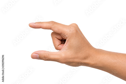 Single human hand performing a pinch-out gesture with the thumb and index finger extended, isolated on a white background. Ideal for touchscreen interaction, zoom control, mobile applications