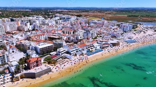 Aerial view of the beach in Armacao de Pera,  in the municipality of Silves, Algarve, Portugal