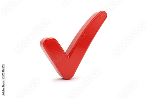 Bold Shiny Glossy Red Tick Mark Rendered from 45-Degree Angle with Flat Lighting