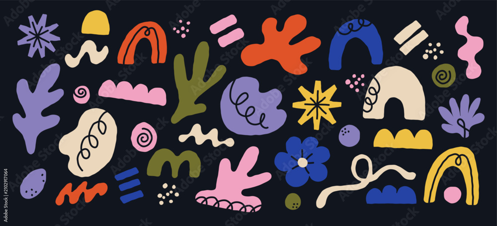 Fototapeta premium Colorful abstract vector illustration set with organic shapes, flowers, rainbows and playful hand drawn elements