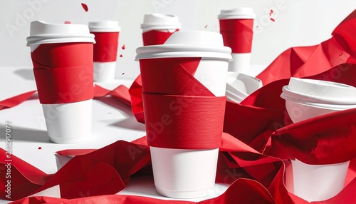 Festive takeaway coffee cups with red paper ribbons on white background.