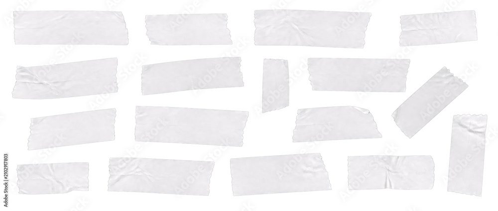 Fototapeta premium Various strips of white adhesive tape with a crinkled texture and torn edges isolated on transparent background