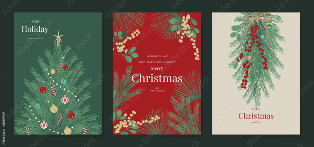 Obraz premium Christmas and Happy holiday greeting card vector set. Elegant hand drawn wallpaper with pine leaves, pinecone, wreath. Holidays design illustration for cover, print, poster, Happy New Year, ads.