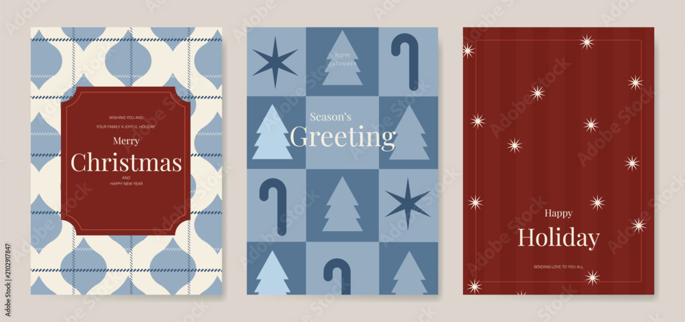 Fototapeta premium Christmas and Happy holiday greeting card vector set. Elegant wallpaper with geometric Christmas elements and pattern . Holidays design illustration for cover, print, poster, Happy New Year, ads.