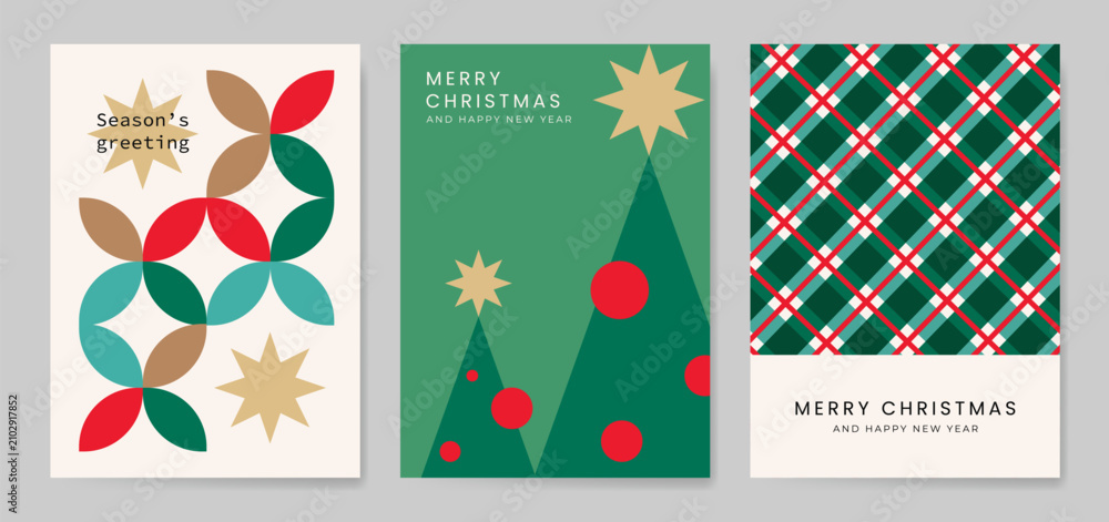 Fototapeta premium Christmas and Happy holiday greeting card vector set. Elegant wallpaper with geometric Christmas elements and pattern . Holidays design illustration for cover, print, poster, Happy New Year, ads.