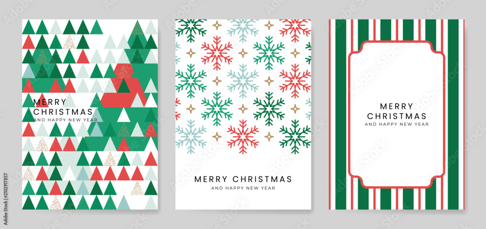 Obraz premium Christmas and Happy holiday greeting card vector set. Elegant wallpaper with geometric Christmas elements and pattern . Holidays design illustration for cover, print, poster, Happy New Year, ads.
