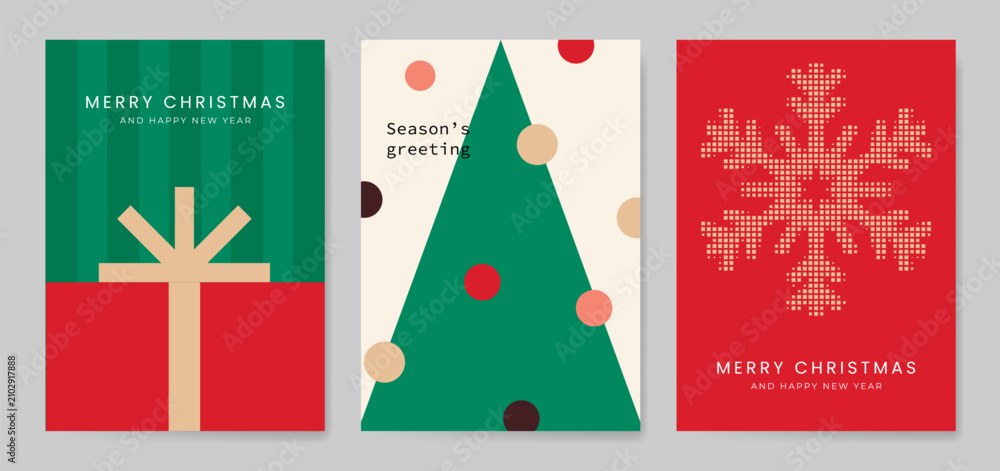 Fototapeta premium Christmas and Happy holiday greeting card vector set. Elegant wallpaper with geometric Christmas elements and pattern . Holidays design illustration for cover, print, poster, Happy New Year, ads.