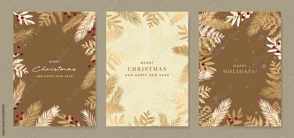 Fototapeta premium Christmas and Happy holiday greeting card vector set. Elegant hand drawn wallpaper with pine leaves, pinecone, wreath. Holidays design illustration for cover, print, poster, Happy New Year, ads.
