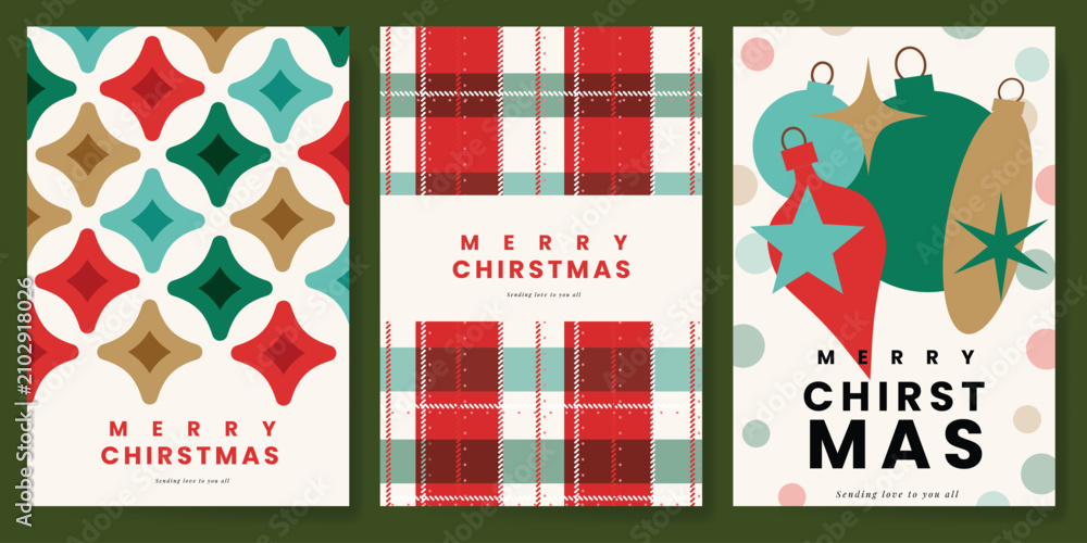 Fototapeta premium Christmas and Happy holiday greeting card vector set. Elegant wallpaper with geometric Christmas elements and pattern . Holidays design illustration for cover, print, poster, Happy New Year, ads.