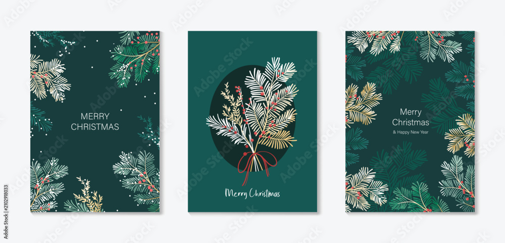 Fototapeta premium Christmas and Happy holiday greeting card vector set. Elegant hand drawn wallpaper with pine leaves, pinecone, wreath. Holidays design illustration for cover, print, poster, Happy New Year, ads.
