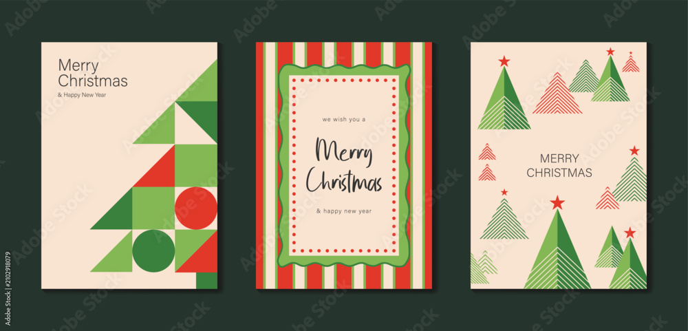 Fototapeta premium Christmas and Happy holiday greeting card vector set. Elegant wallpaper with geometric Christmas elements and pattern . Holidays design illustration for cover, print, poster, Happy New Year, ads.