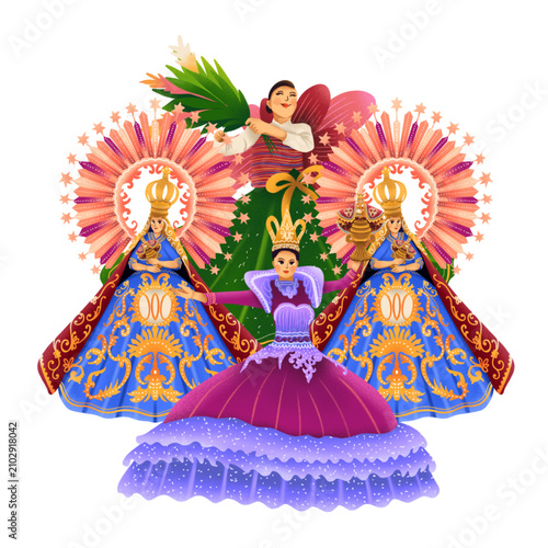 Hand-drawn illustration of Filipino festival dancers in colorful traditional costumes, celebrating culture and heritage.