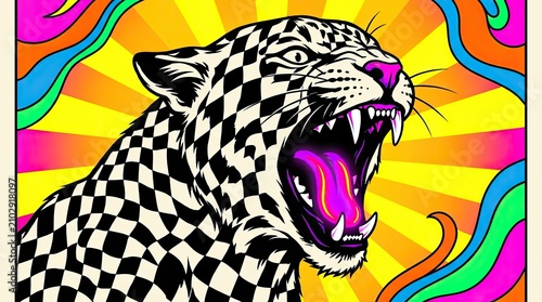 Colorful psychedelic checkered leopard head with open mouth.