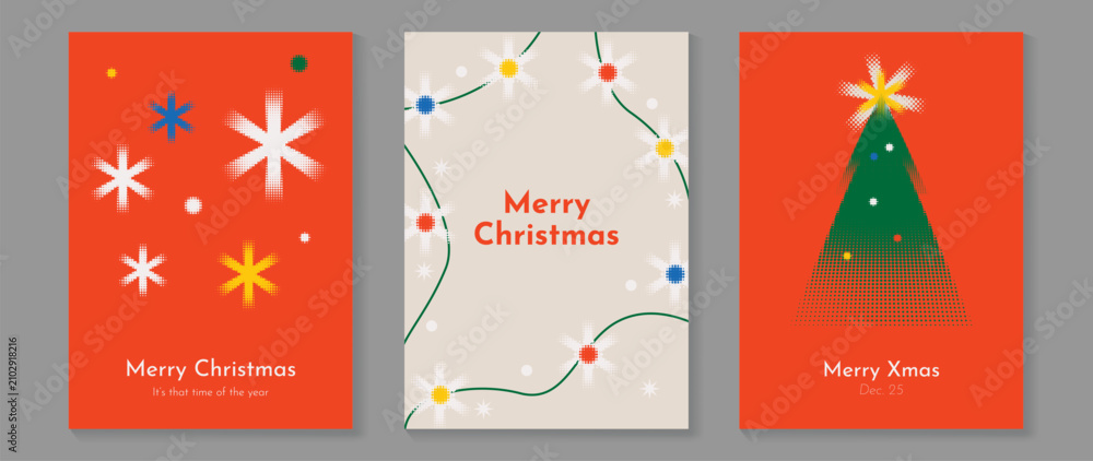 Fototapeta premium Christmas and Happy holiday greeting card vector set. Elegant hand drawn wallpaper with pine leaves, pinecone, wreath. Holidays design illustration for cover, print, poster, Happy New Year, ads.