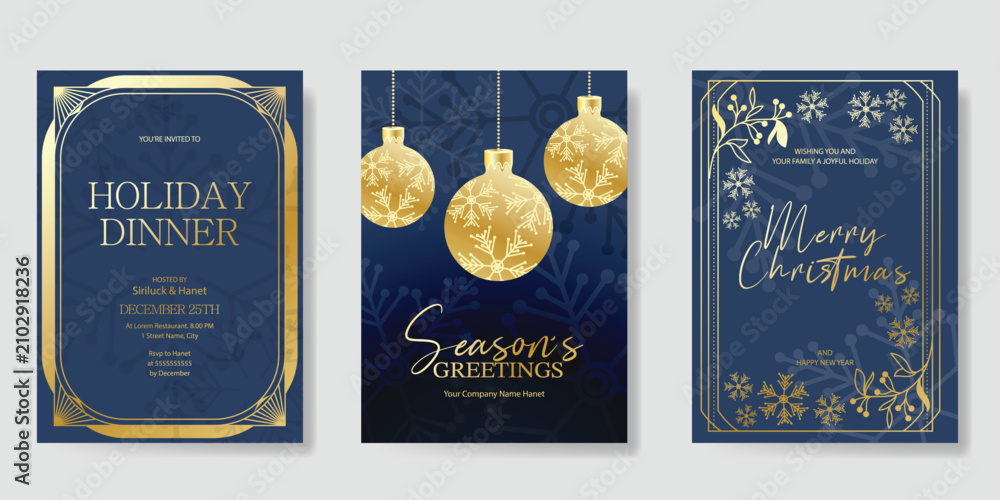 Fototapeta premium Christmas and Happy holiday greeting card vector set. Elegant hand drawn wallpaper with pine leaves, pinecone, wreath. Holidays design illustration for cover, print, poster, Happy New Year, ads.