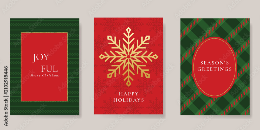 Fototapeta premium Christmas and Happy holiday greeting card vector set. Elegant wallpaper with geometric Christmas elements and pattern . Holidays design illustration for cover, print, poster, Happy New Year, ads.
