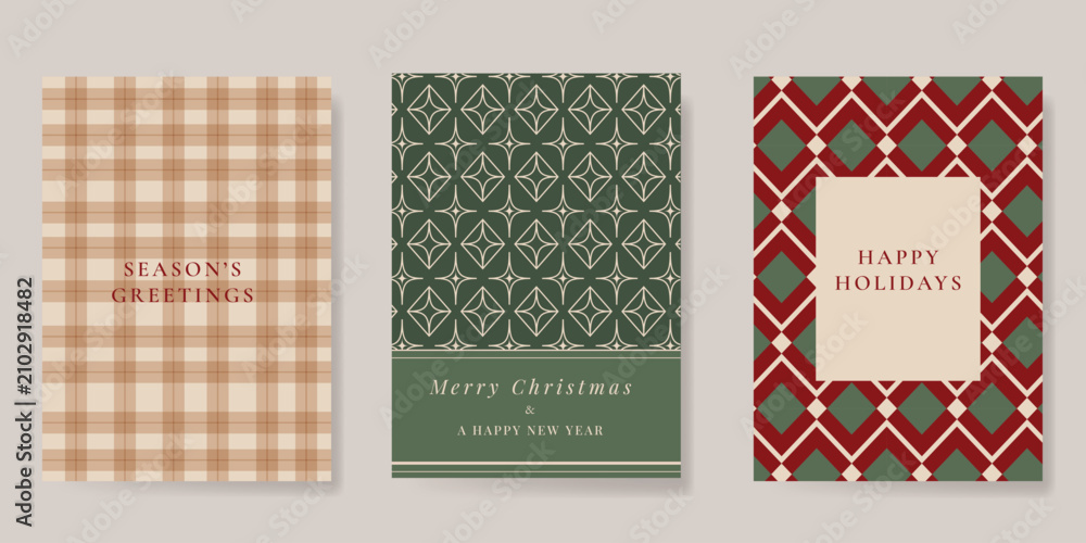 Fototapeta premium Christmas and Happy holiday greeting card vector set. Elegant wallpaper with geometric Christmas elements and pattern . Holidays design illustration for cover, print, poster, Happy New Year, ads.