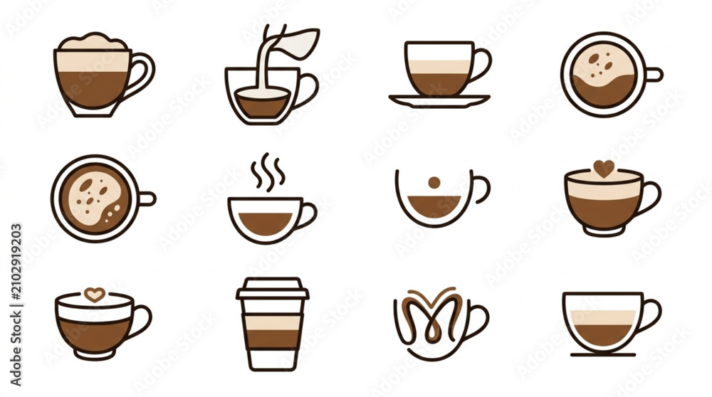 Fototapeta premium Collection of coffee cup icons with different styles and designs.
