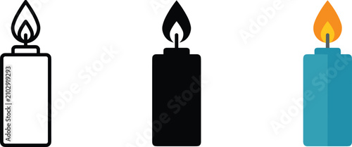 Obraz na płótnie Set of three candle icons in different styles, including outline, solid black, a