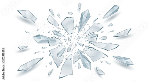 Broken glass 3D vector shatter explosion fragments, sharp ice splinters on white background. Danger flying crystal piece, destroy windshield smithereens concept. Broken glass realistic clipart 