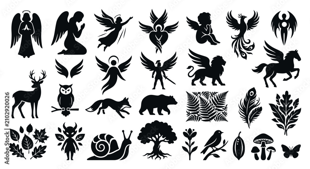 Fototapeta premium Black Silhouette Icons of Animals Mythical Creatures and Nature