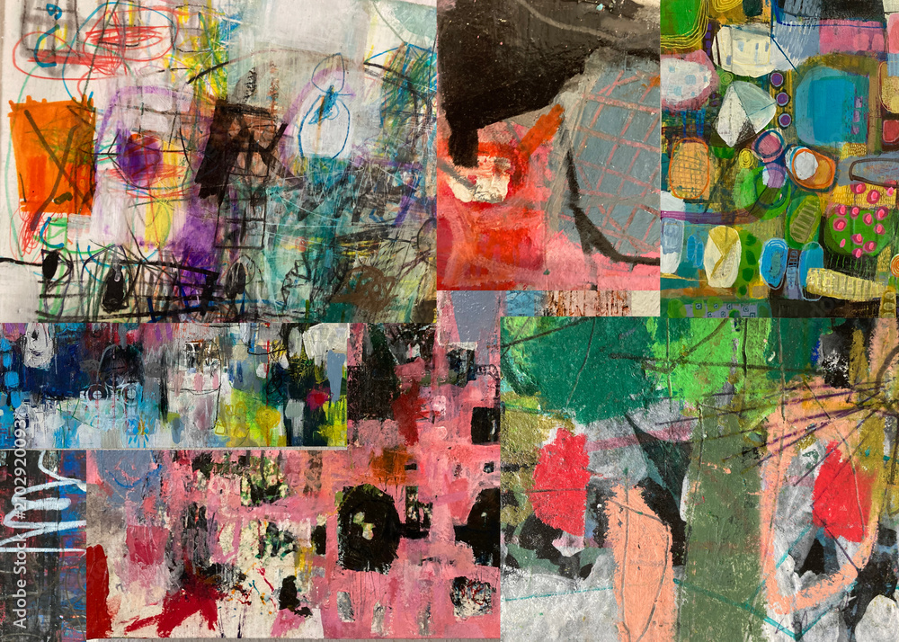 Naklejka premium Abstract collage with crayon scribbles and orange square accent