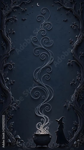 Decorative flat Halloween illustration featuring a mystical witch cauldron with magical smoke surrounded by ornate spooky borders