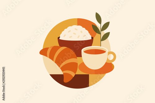 Tableau sur toile Minimalist Breakfast Illustration with Croissant, Rice Bowl and Tea Cup in Moder