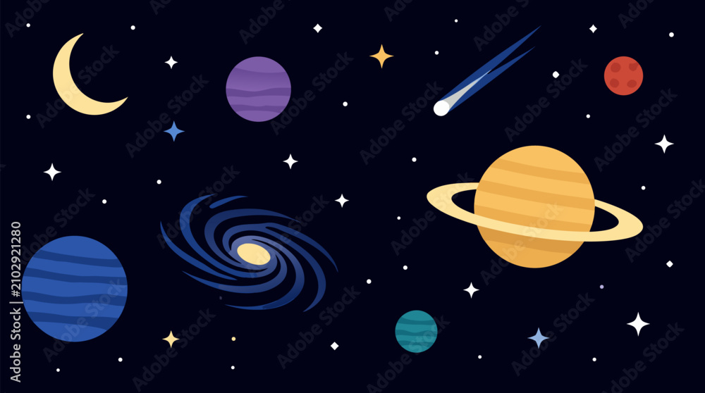Naklejka premium Dark cosmic vector background with navy black gradient, twinkling stars, crescent moon, planets, ringed Saturn, comet and spiral galaxy, serene outer space scene for astronomy posters and banners