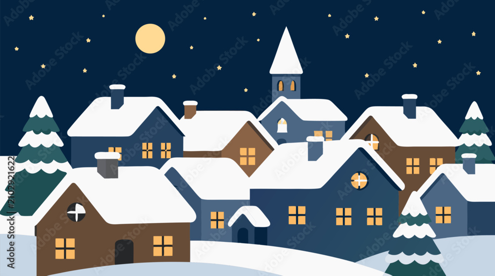 Naklejka premium Cozy snowy village vector illustration with glowing windows, church steeple, starry winter night, full moon and clustered rooftops, charming holiday town scene for festive travel design