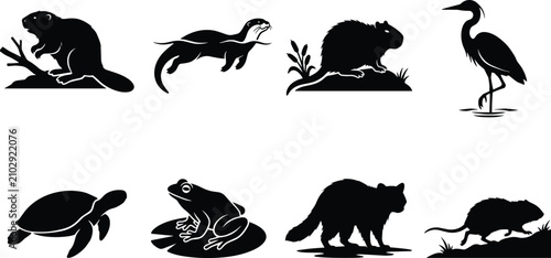 Quadro su tela Wetland Wildlife Animal Silhouette Collection Featuring Beaver Otter Muskrat Her