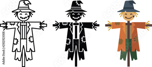 Foto Set of scarecrow icons, including outline, silhouette, and colored versions, rep
