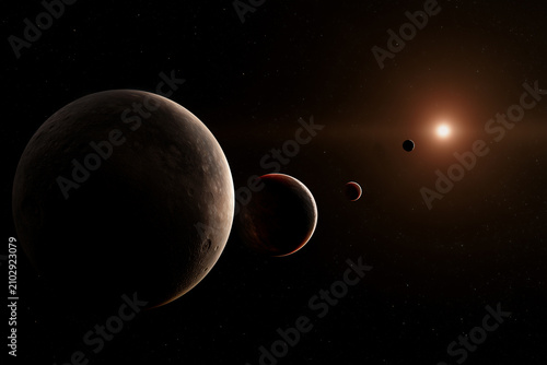 Illustration artistique du système exoplanétaire de l'étoile de Barnard situé à 5.96 années-lumière du Soleil et composé de 4 exoplanètes évoluant  en dehors de la zone habitable.