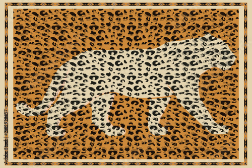 African Leopard Pattern Rug with Tribal Border. Safari Animal Decorative Carpet Design