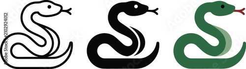 Foto Set of three stylized snake icons in different styles including outline, solid b