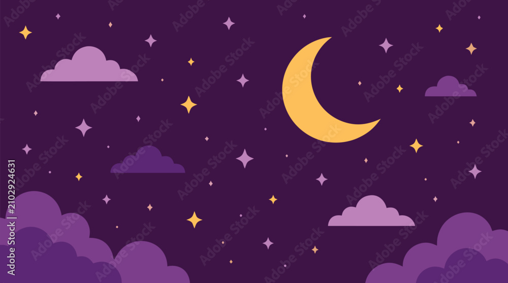 Naklejka premium Dreamy night sky vector background with tiny stars, crescent moon and soft purple clouds on deep plum gradient, magical celestial pattern for nursery decor and bedtime invitations art