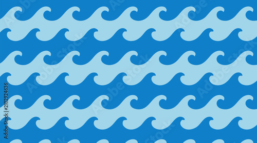 Seamless ocean blue wave pattern with rhythmic curling lines, calm coastal gradient, flat vector repeat for fabric, wallpaper, packaging, swimwear, beach branding and modern nautical backgrounds