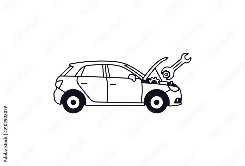 Naklejka premium Minimalist car repair line icon, automotive service and maintenance vector, hatchback vehicle with open hood and wrench tool for garage workshop